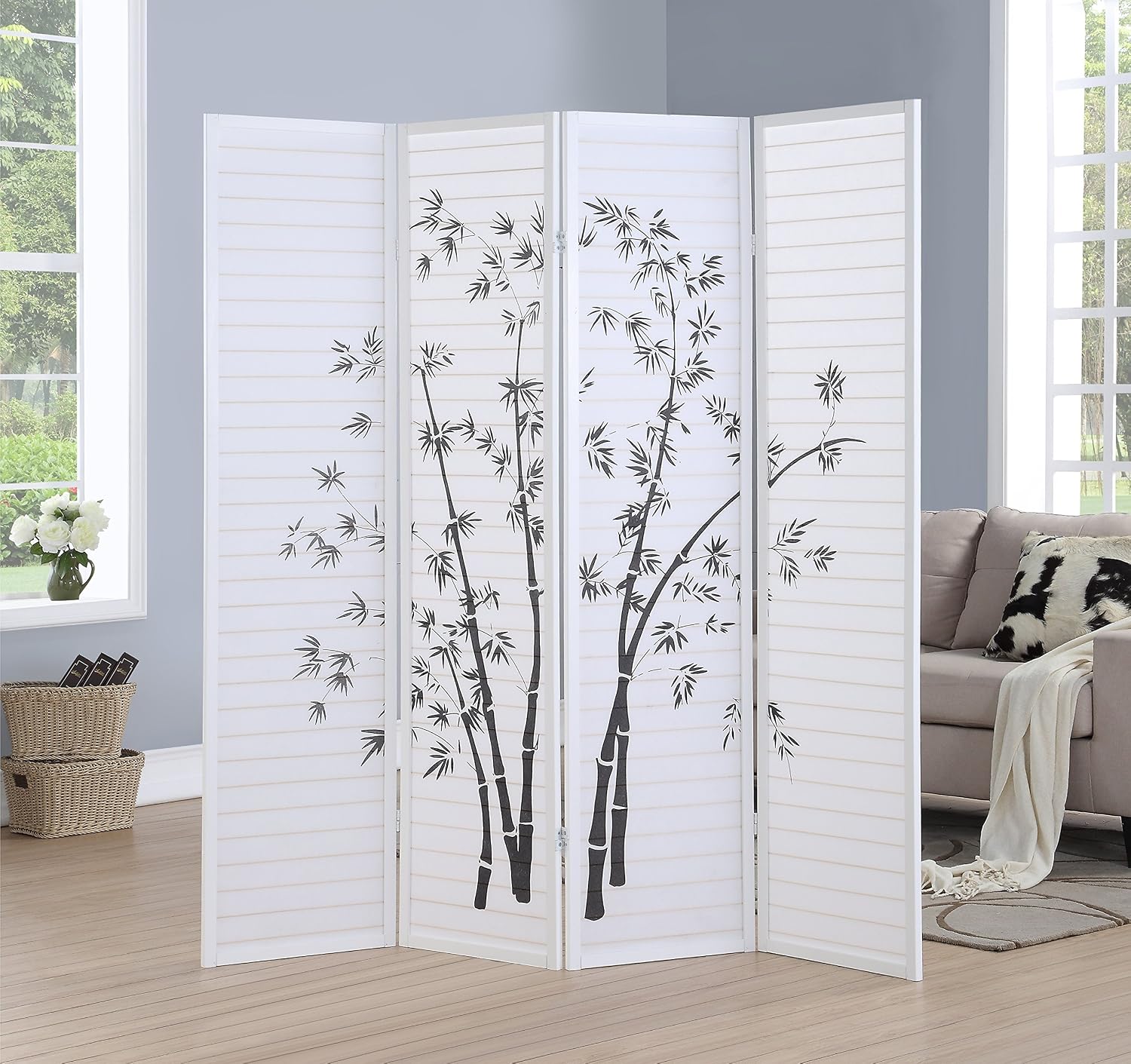 Room Divider Bamboo - 4-delige bamboe print kamerverdeler met witte