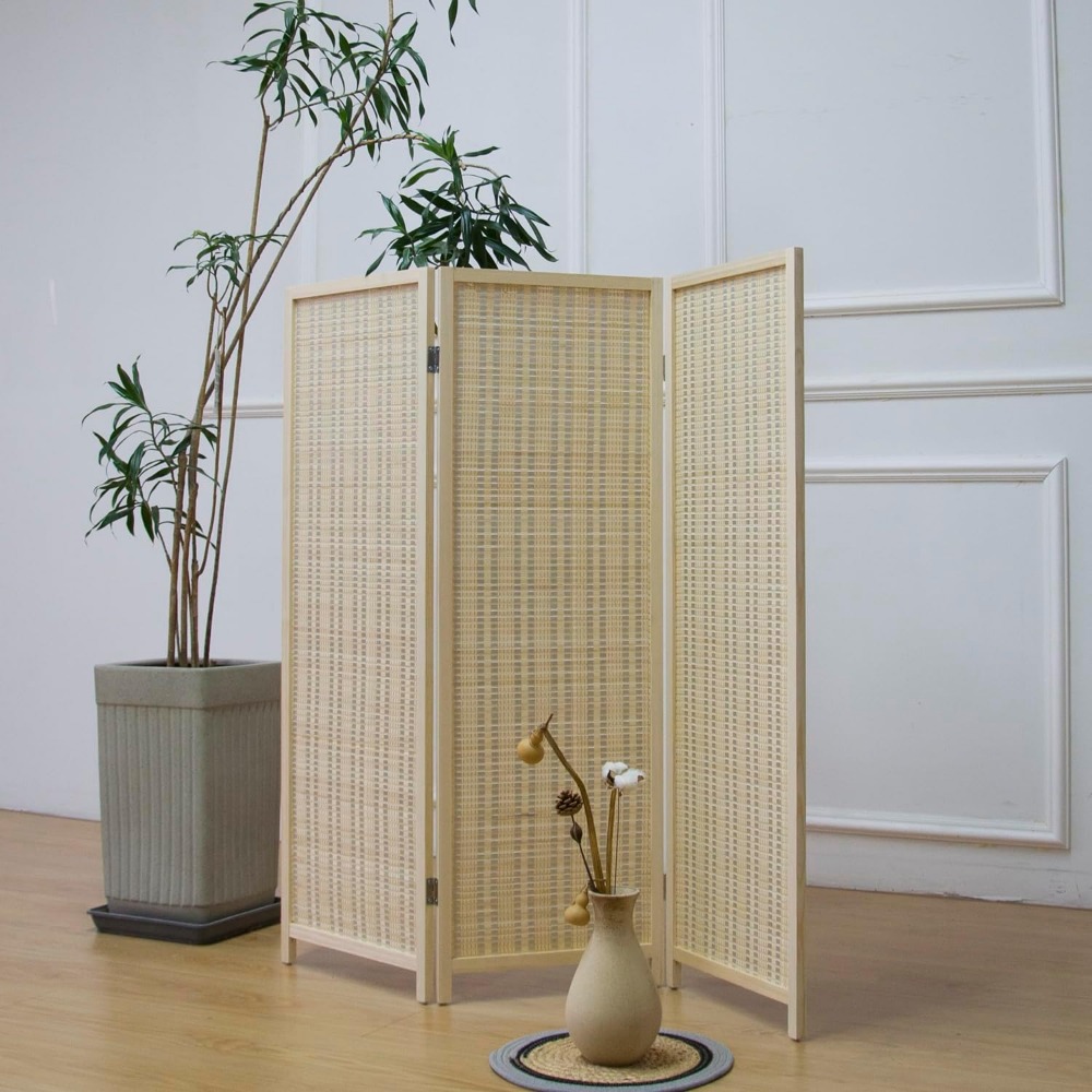 Room Divider Bamboo - 3-delige korte kamerverdeler, beige vrijstaande scheidingswand,