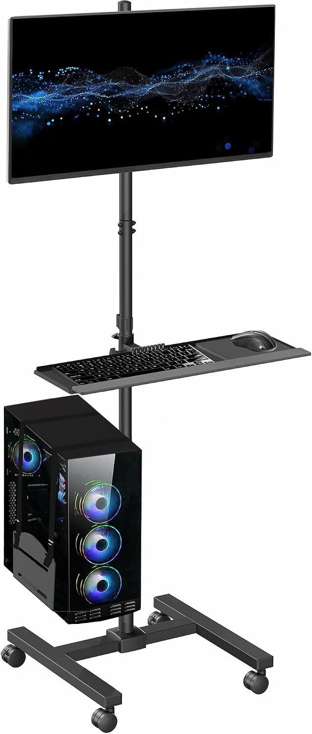 Adjustable Monitor Mount - Zwarte rollende computerwagen met monitorhouder voor